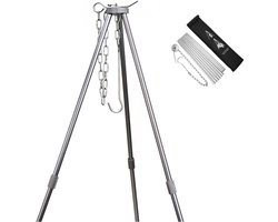 BBQ driepoot frame, driepoot, telescopisch frame, grillstandaard, koken in de open lucht, statief, inklapbaar, kampvuur, grillrooster, standaard, camping, statief met ketting en haak