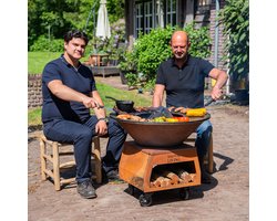 BBQ Plancha Grill Brasero Vuurschaal Cortenstaal met grote wielen, houtopslag en bakplaat Ø80cm Vuurkorf Tuinhaard