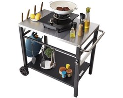 BBQ Werktafel – Barbecue Tafel – Grilltafel – Buitenkeuken Trolley – Werkbank Buiten – Roestvrijstalen Blad – Dubbele Plank – 85x55 cm – Verrijdbaar Met 2 Wielen