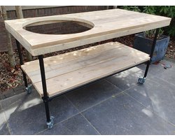 Buitenkeuken | 140x70cm | Gat 58cm | Wielen | Zwart Staal en Hout | BBQ Tafel | Kamado Tafel | Barbecue | Big Green Egg | Bastard | Grill Guru | Kamado Joe | Ombouw | Onderstel | Geschikt voor vele modellen