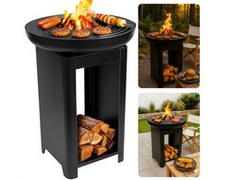 Cheqo® Vuurkorf met BBQ - Barbecue Roestvrij Staal - Grillring - Plancha Grill - Vuurschaal - Buitenkeuken met Houtopslag - 2-in-1 Grill en Terrashaard - Inclusief Teppanyaki Plaat
