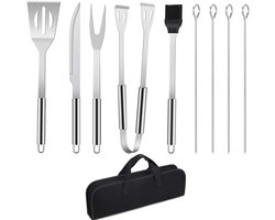 Famanu - Grillbestek BBQ grillaccessoires, 9 stuks grill-gereedschapsset roestvrij staal barbecue-gebruiksvoorwerpen, BBQ grillen kookgereedschap kit-schraper, kwast, vleesmes, spiesen accessoires voor outdoor gezinnen tuinfeest