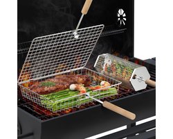 Famanu - Grillmanden, afneembaar houten handvat, 304 roestvrij staal, rollend grillnet, barbecue-accessoires gereedschap voor groenten garnalen, buiten koken kamperen, geschenken voor mannen, vader,