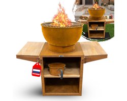 HEAT Outdoor Living Barbecue Buitenkeuken – Roestkleur – Vuurschaal Ø56 cm – Grillrooster & Plancha – Opbergvakken en Zijplankjes