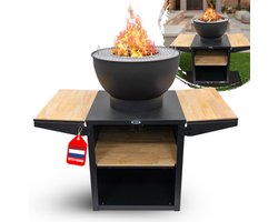 HEAT Outdoor Living Barbecue Buitenkeuken – Zwart – Vuurschaal Ø56 cm – Grillrooster & Plancha – Opbergvakken en Zijplankjes
