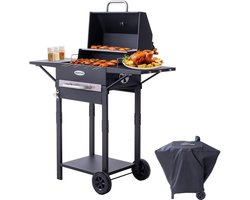 HOMAVO Houtskoolgrill, Barbecue met Deksel, Grilloppervlak: 45×32 cm, 2-standig in hoogte verstelbare kolenbak, Bijzettafel, Thermometer, Met Waterdichte Barbecuehoezen