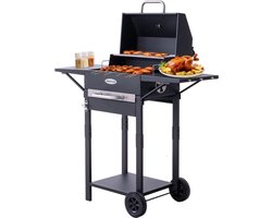HOMAVO Houtskoolgrill, Barbecue met Deksel, Grilloppervlak: 45×32 cm, 2-standig in hoogte verstelbare kolenbak, Bijzettafel, Thermometer