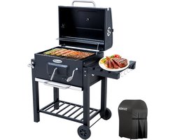 HOMAVO Houtskoolgrill, Barbecue met Deksel, Grilloppervlak: 56×42,5 cm, Hoogteverstelbare kolenbak, Opvouwbaar Zijtafeltje, Met Waterdichte Barbecuehoezen