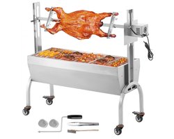 Houtskool Spitgrill BBQ - Verrijdbare Rotisserie - Draagvermogen 90 kg - Elektrische Motor 52 W - Roestvrijstalen Braadslede - Met Windscherm - Lengte 118,5 cm - Voor Varken Lam Geit