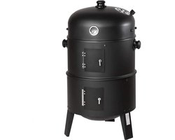 Houtskoolbarbecue - Roker - Grill - 3-in-1 BBQ Vat - Buitenkeuken - Houtskoolgrill Met Thermometer - Rookoven Met Waterbak - Voor Roken, Grillen en Stomen - Ø41cm - 78cm Hoog - Staal - Zwart - Geschikt Voor 6 Personen