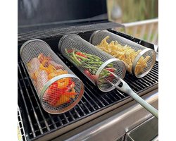 K&R Ventures® Rollende Grillmand – 30 cm RVS BBQ Grillkooi – Met Vork & Haak – Barbecue Accessoire voor Groenten, Vlees, Vis – Camping & Kamperen