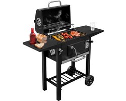Mega-M Luxe Houtskoolbarbecue Wagen - Met Deksel en Thermometer - Gemakkelijke Kolentoevoer via Klep - Verrijdbaar - 2 Zijtafels - RVS Look Details
