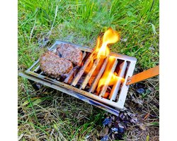 Mini-vuurplaats barbecue met spike grillhouder en flesopener - draagbaar roestvrijstalen flatpack rokerfornuis voor reizen, kamperen, wandelen, vissen