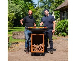 RJRoyal Living BBQ Plancha Grill Hermano XXL Blackline Cortenstaal - Met pook en houtopslag Ø80cm 8mm