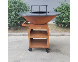 RJRoyal Living BBQ Plancha Grill Maestro XXXL Ø100cm Cortenstaal - Met Grote wielen en houtopslag vuurschaal 100cm stalen bakplaat