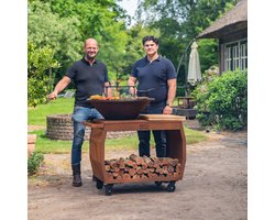 RJRoyal Living Plancha grill BBQ Big Jack 3.0 cortenstaal grillring met houtopslag vuurschaal buitenkeuken grillring met houten snijplank