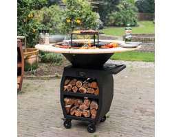 RJRoyal Living Plancha grill BBQ Companero XXL Blackline zwart 2.0 grillring met houten omranding pook en houtopslag vuurschaal buitenkeuken grillring