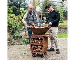 RJRoyal Living Plancha grill BBQ Companero XXL cortenstaal 2.0 grillring met houtopslag vuurschaal buitenkeuken grillring corten staal