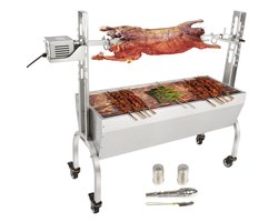 Speenvarken- en lamsgrill - Elektrische BBQ rotisserie draaispit - Lengte 117 cm - RVS - Draagvermogen 41 kg - Hoogteverstelling 4 niveaus - Motor 50 W - Verplaatsbaar