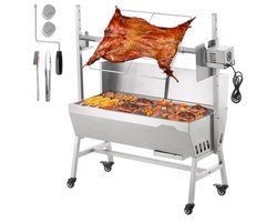 Spitbarbecue - Spitgrill met Draaispit - Voor Varken, Lam en Geit - Draagvermogen 61 kg - Elektromotor 42 W - Houtskool - RVS Behuizing met Kijkvenster - Op Wielen