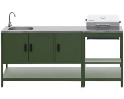 sweeek - 2 buitenkeukenmodules met barbecue op houtskool en gootsteen staal - naxos