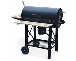 sweeek - Houtskoolbarbecue serge zwart, met rookfunctie (smoker), amerikaanse stijl, asopvangbak, zijtafels en wieltjes