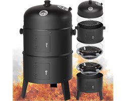 tectake® Houtskool Grill & Rookoven Barbecue - 3 Verdiepingen, 2 Roosters, Thermometer, Waterbak, Zwart - Perfect voor BBQ en Roken van Vis & Groenten