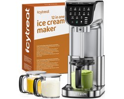 IJsmachine 12-in-1, volautomatische roestvrijstalen ijsmachine voor sorbet, milkshake, frozen yoghurt en meer, eenvoudig te reinigen ijsmachine, (3) familieverpakkingen