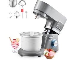 Keukenmixer - Staande Mixer - 6 Snelheden - LED-Display - Timer - Roerpeddel & Deeghaak - Spatbescherming - 1400W - Grijs
