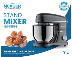 Nexser 7L Keukenmachine met RVS Kom – Professionele Deegmixer 1300W voor Brood, Taart & Pizzadeeg