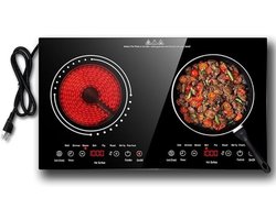 Aura® Elektrische Kookplaat 2 Pits - Elektrische Fornuis - Elektrische Kookplaat Vrijstaand - 2 Kookzones - Kinderslot - Zwart - 61cm x 37cm x 6cm