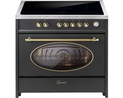 GURARI Fornuis met inductiekookplaat 90 cm E 913 RU BL Retro vrijstaande inductiekookplaat in zwart | Vrijstaande fornuis met 5 inductiezones (2 Flex Zone) alle met booster