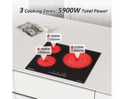 Glaskeramiek Inbouwkookplaat – Keramische Kookplaat – Elektrische Kookplaat – 3 Zones Kookplaat – Kookplaat Zonder Stekker – 59 cm Compact – 9 Warmtestanden – Krasbestendig Glas