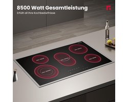 Glaskeramisch Kookveld – Elektrisch Kookplaat – Inbouw Kookplaat – Keramisch Kookveld – Kookplaat 90 cm – Roestvrijstalen Frame – 5 Kookzones Met Slider Bediening – 8500W Totaal Vermogen
