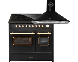 GURARI Elektrisch fornuis GCH E 912 DF BL r Keramische kookplaat 90 cm+GCH 046 Bl 9 Dsigner Afzuigkap 90 cm