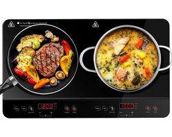 Inductiekookplaat 2 Platen - Draagbare Onafhankelijke Bediening - 3500W Max En Min Vermogensregeling - 20 Temperatuurinstellingen Upgrade - Veiligheidsslot - 4H Timer