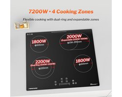 Keramische Kookplaat – Inbouw Kookplaat – Elektrische Kookplaat – Glaskeramische Kookplaat – 59 cm Kookplaat – 4 Kookzones – 7200 W Vermogen – Touchbediening Met Timer & Kinderbeveiliging