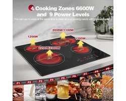Keramische kookplaat – Inbouw kookplaat – Elektrische kookplaat – Glazen kookplaat – Keramisch fornuis – 4 kookzones – 6600 W – Dubbele uittrekbare zone – Touchbediening – Timer 1-99 min