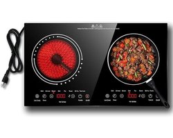 Quvo® Elektrische Kookplaat 2 Pits - Elektrische Fornuis - Elektrische Kookplaat Vrijstaand - 2 Kookzones - Kinderslot - Zwart - 36cm x 28cm x 7cm