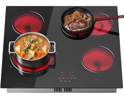 RUX® Elektrische Kookplaat 4 Pits - Elektrische Fornuis - Elektrische Kookplaat Vrijstaand - 4 Kookzones - Kinderslot -Houtnerf- Zwart- 59cm x 52cm x 5cm