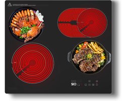 SVN® Elektrische Kookplaat 4 Pits - Elektrische Fornuis - Elektrische Kookplaat Vrijstaand - 4 Kookzones - Kinderslot - Keramische Houtnerf - Zwart - 60cm x 52cm x 6cm