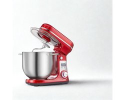 De Warenloods - Mixer - Keukenmachine - Keukenmixer Met Mengkom - 1200W - RVS Mengkom 6 Liter - 6 Standen - Mixer met Garde, Deeghaak en Menghaak - Rood