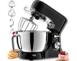 Deegmachine - Keukenmachine - Stille Roermachine - Incl. 5 Liter Roestvrijstalen Kom - 3 Mengaccessoires - Spatbescherming - Deegschraper En Eierscheider - Deegmachine Met 8 Standen - (Zwart)