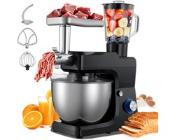Keukenmachine - Standmixer en Deegmixer 1500 W - RVS Kom 7,8 L - Extra Kom 1,5 L - Instelbare Snelheden (6) + Puls - Deeghaak, Garde, Klopper