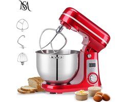Keukenmixer - Stand Mixer - Deegmixer - Foodprocessor - Elektrische Mixer - 6 Snelheden - 6 Liter RVS Mengkom - Garde - Klopper - Deeghaak - Stil - Krachtig - Met LED-display - BPA-vrij - Antislip - Rood