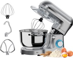 KitchenBrothers 2000W - Keukenmachine - Keukenrobot - 6,2L - Mixer met Mengkom - Keukenmixer - Zilver