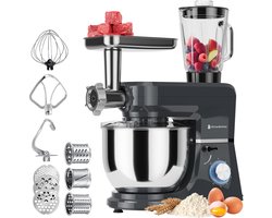 KitchenBrothers Keukenmachine - Keukenrobot - 6-in-1 Keukenmixer - Met Gehaktmolen, Blender en 15 Accessoires - 6,2L RVS Kom - Antraciet