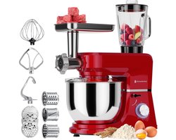 KitchenBrothers Keukenrobot - 6-in-1 Keukenrobot - 1500W - Met Gehaktmolen, Blender en 15 Accessoires - 6,2L RVS Kom - Rood