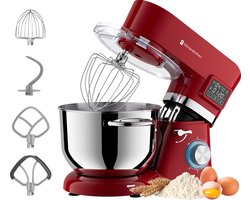 KitchenBrothers Keukenrobot - Display en Timer - Keukenrobot - 6,2L - Keukenmixer - 1400W - Rood
