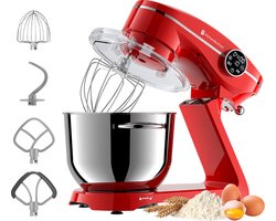 KitchenBrothers Keukenrobot - Keukenmachine - Touch Display en Timer - Keukenrobot - 6,2L - 1800W - Keukenmixer - Aluminium - Rood